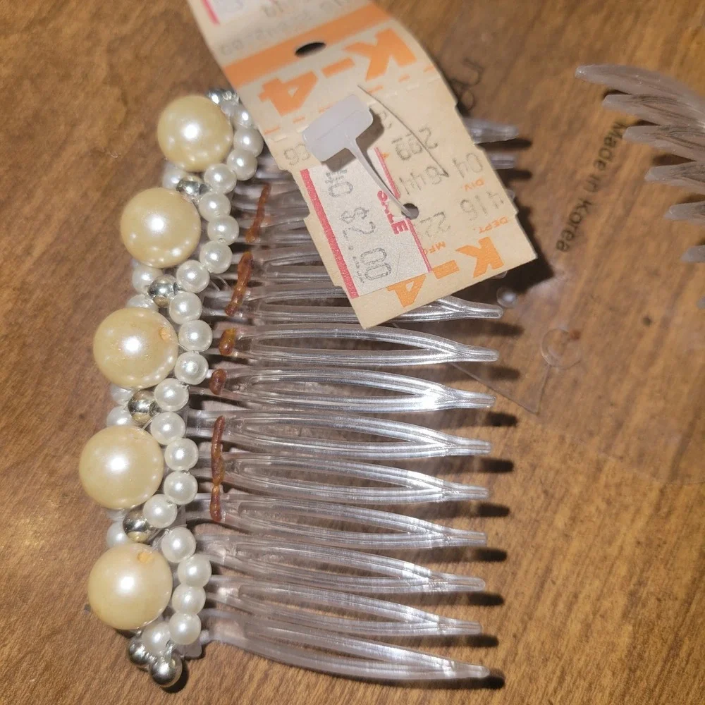 Vintage Faux Pearl Hair Comb Set Clear Plastic Bridal‎ Wedding Hair...